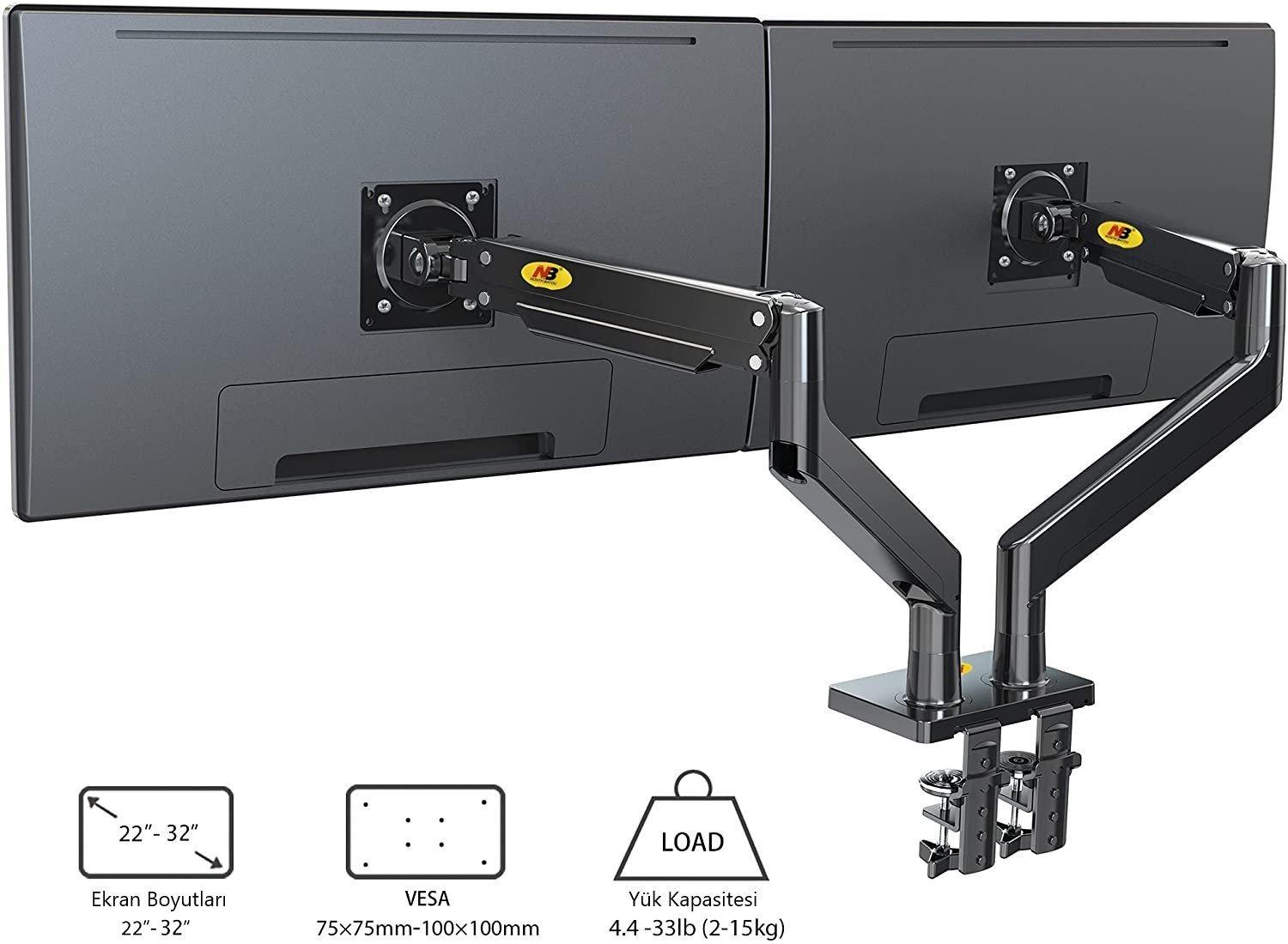 Powermaster 22-32 Amortisörlü Stand Çift Kol Lcd / Led Monitör Tutucu Stand Askı Aparatı G32