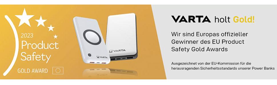 Metin "Varta Hot Pad!" "Product Safety Gold Award" afişi. Güvenlik sertifikası için grafiklerle ısı yastığı ürününü gösteren pazarlama resmi.