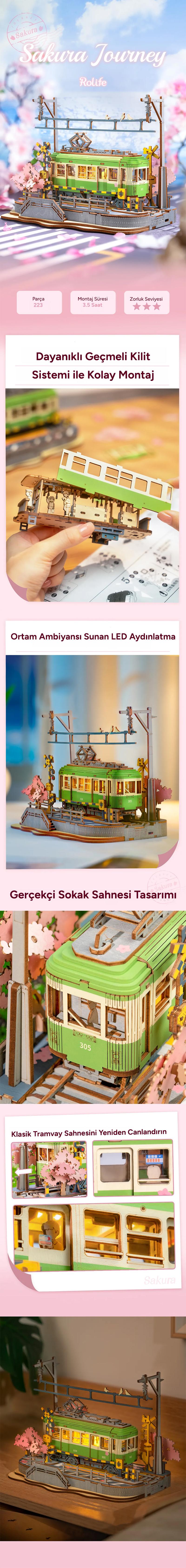 Rolife TGS02 Lokomotif Tren (Sakura Journey) DIY Minyatür Maket Model Seti Ahşap 3D Wooden Puzzle 3D Model Kit Detaylı Dekoratif Hobi Seti Ahşap Maket