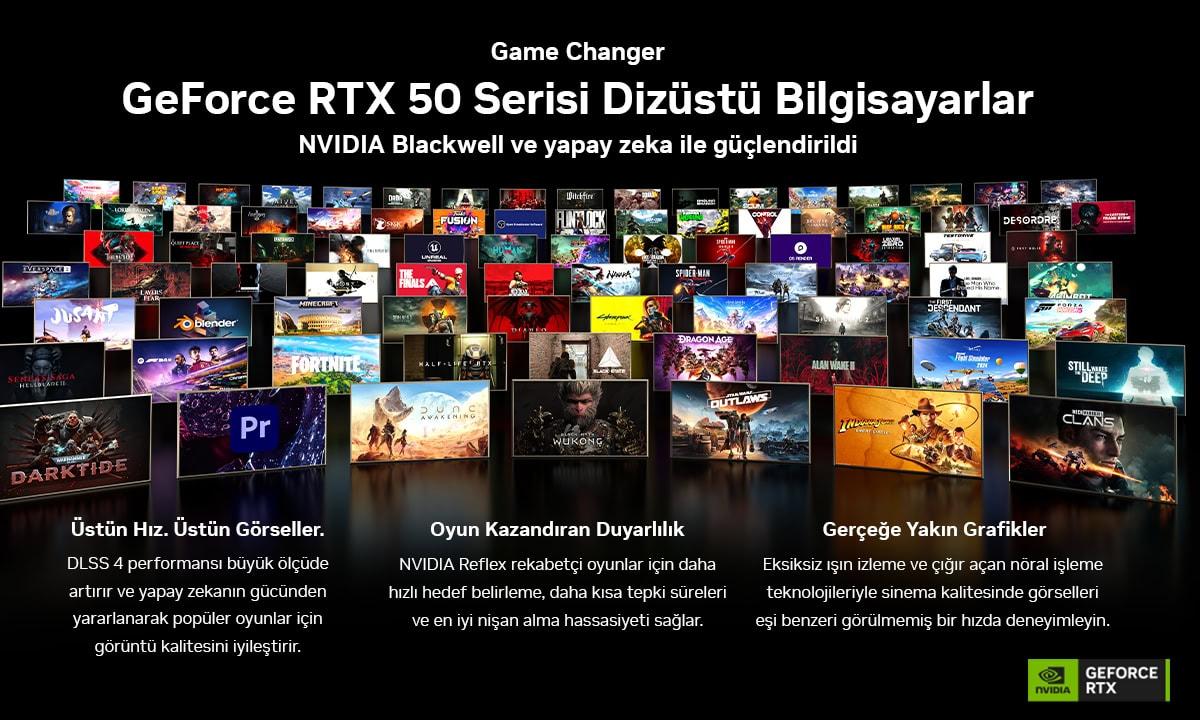 GeForce RTX 50 serisi dizüstü bilgisayarlar, NVIDIA Blackwell ve yapay zeka ile güçlendirilmiş, yüksek performans ve üstün grafik kalitesi sunar, oyuncular ve profesyoneller için ideal.