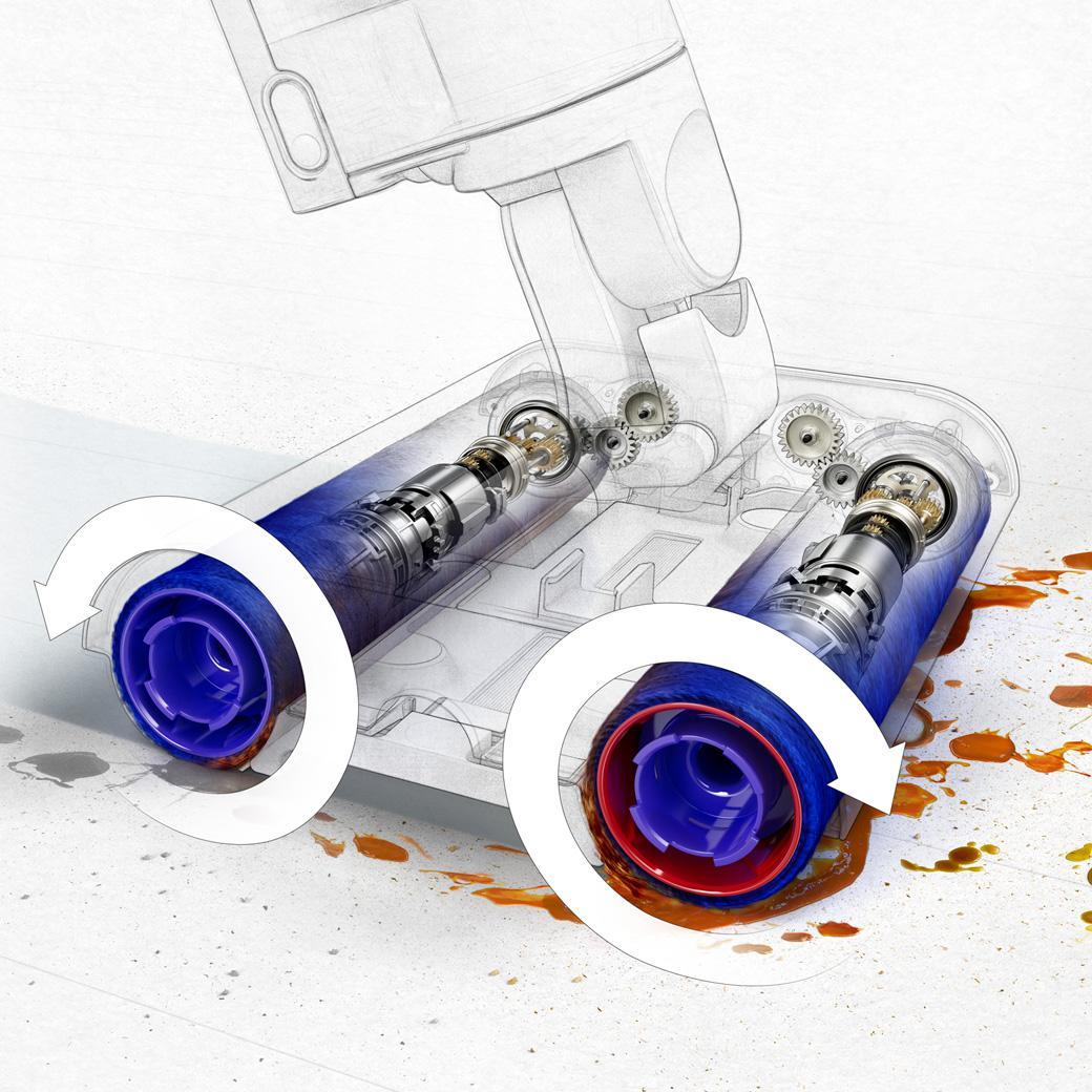 Ters dönüşlü motorlu silindir fırçanın yakından kesit görünümü.