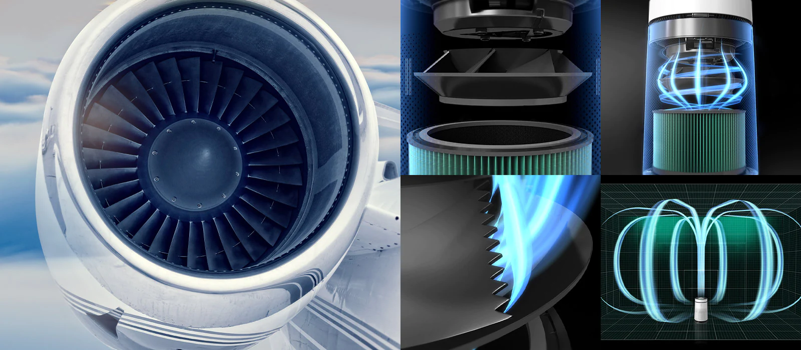 İki resim bulunuyor. Solda bir uçak motoru görüntüsü, sağda ise hava arıtma cihazı içindeki geliştirilmiş 360 Derece Direkt Fanın performansını gösteren dört görüntü bulunuyor. Dört görüntü sırayla daha parlak hale geldikçe, Direkt Fanın öncekine kıyasla performansı nasıl artırdığı gösteriliyor.