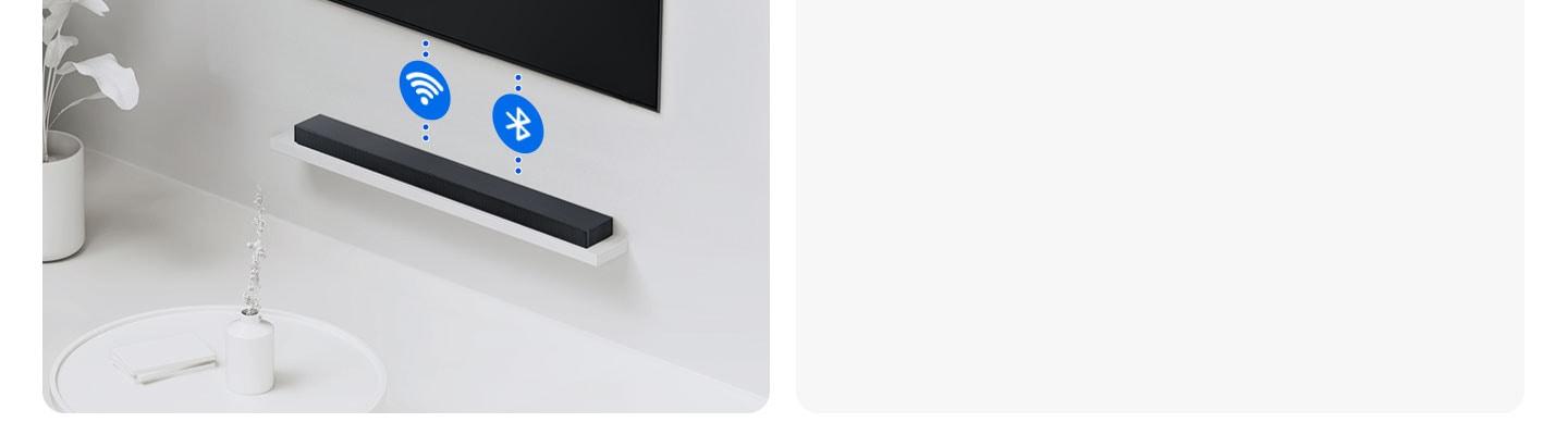 A remote control is connected to both a TV and soundbar via dotted lines and accompanied by stylized icons for the devices.