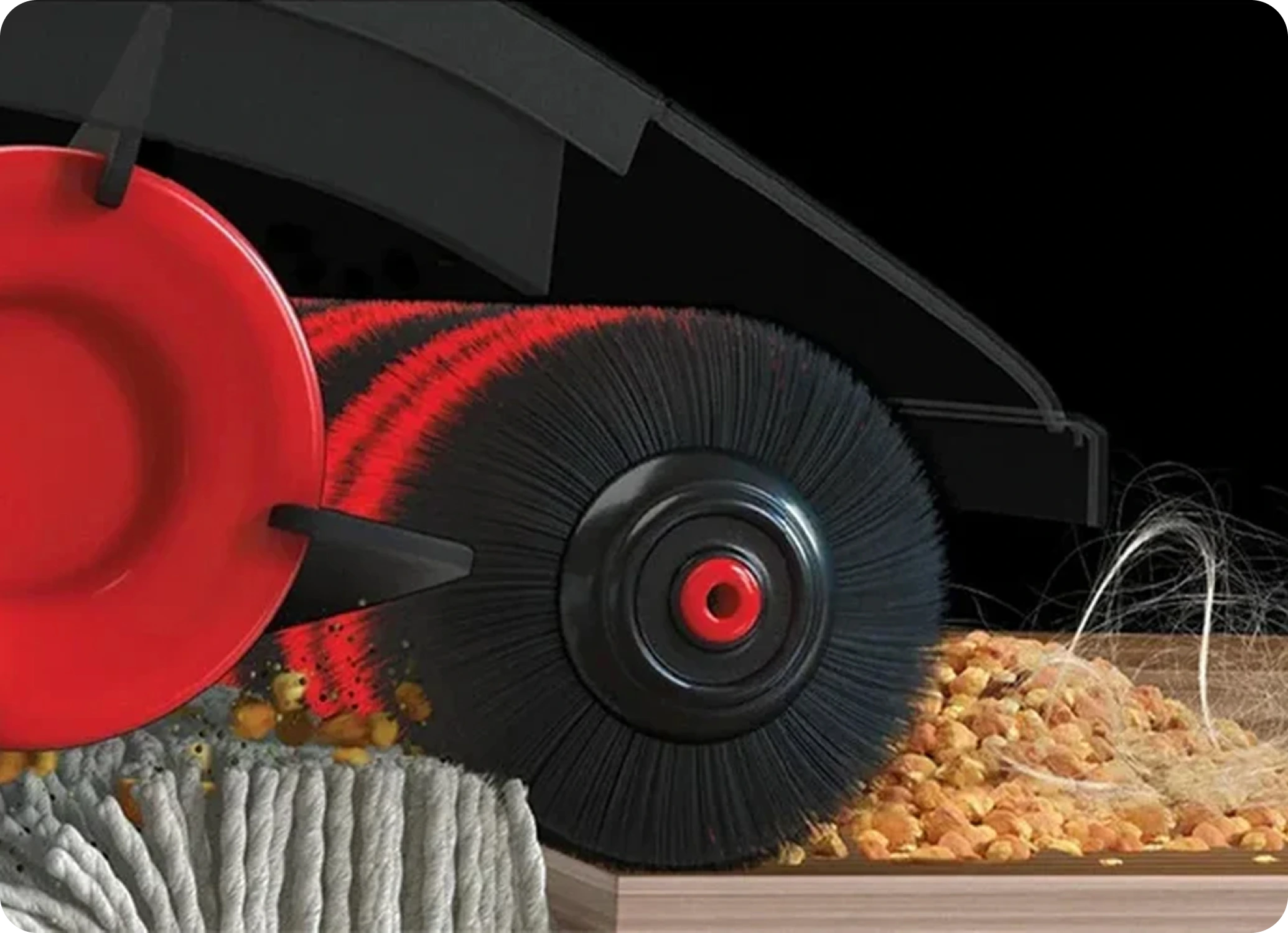 Vacuum cleaner being used in a modern living room, with a dog sitting on the carpet