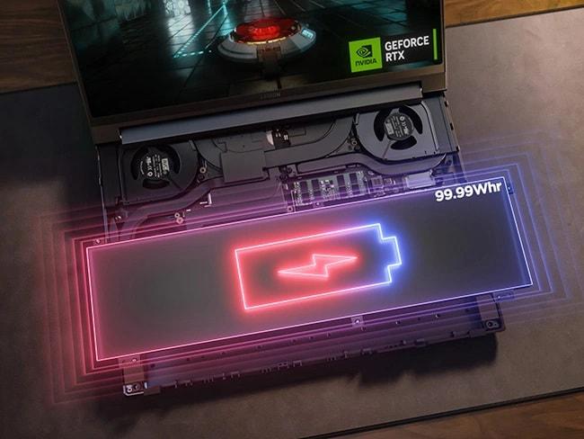 A closeup shot of the Legion 9i’s massive 99.99Whr battery