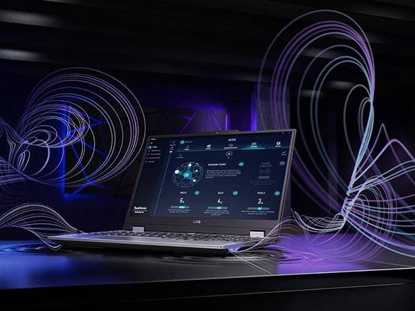 Lenovo LOQ 15IAX9 dizüstü oyun bilgisayarı - sağ önden görünüm, kapak açık, dışa doğru yayılan 3D sesi gösteren dalgalı grafikler