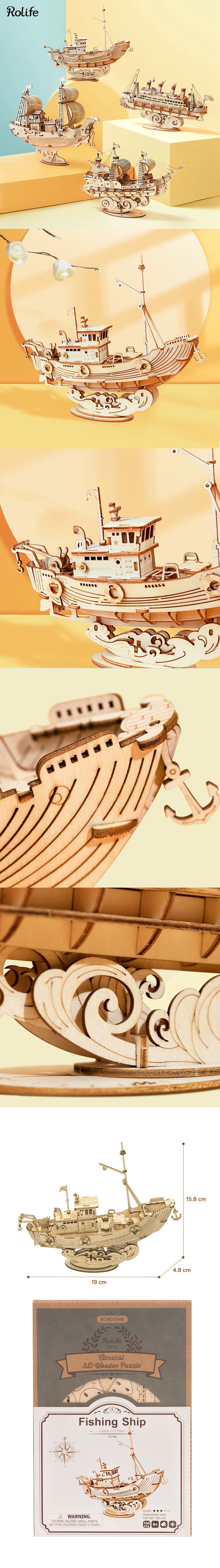 Rolife TG308 Balıkçı Teknesi (Fishing Ship) DIY Minyatür Maket Model Seti Ahşap 3D Wooden Puzzle 3D Model Kit Detaylı Dekoratif Hobi Seti Ahşap Maket
