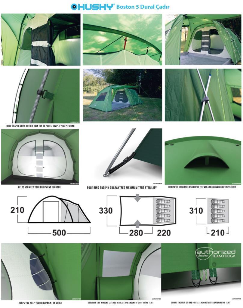 HUSKY Boston Dural 5 Kişilik 3 Mevsim Kamp Çadırı Yeşil