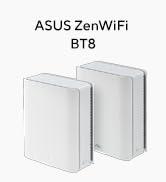ASUS ZenWiFi BT8 yönlendirici beyaz arka plana karşı farklı bir açıdan beyaz dikdörtgen cihaz olarak görüntülenir.