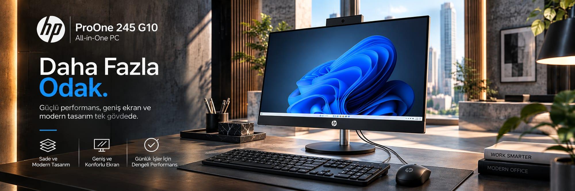 HP ProOne 245 G10 Windows 11 Pro modern ofis ortamında All in One bilgisayar