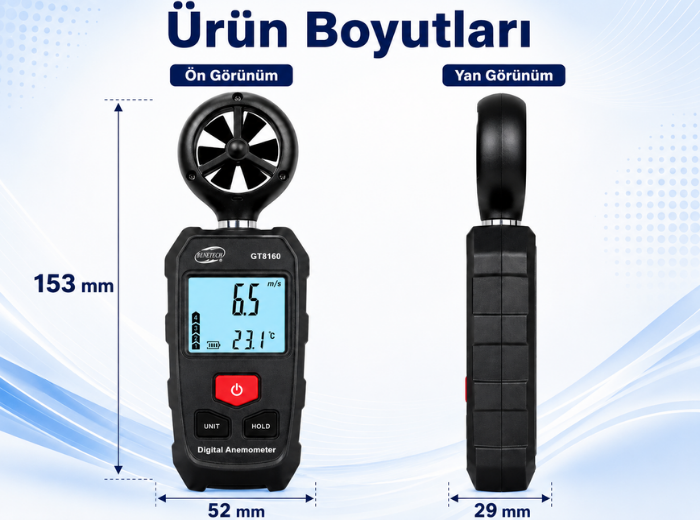 GT8160 Mini Anemometre Rüzgar Hızı Ölçer Boyutu