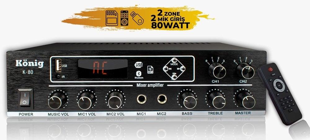 König K-80 80W USB-SD-Bluetooth Destekli 2 Bölgeli Trafolu Mixer Amfi