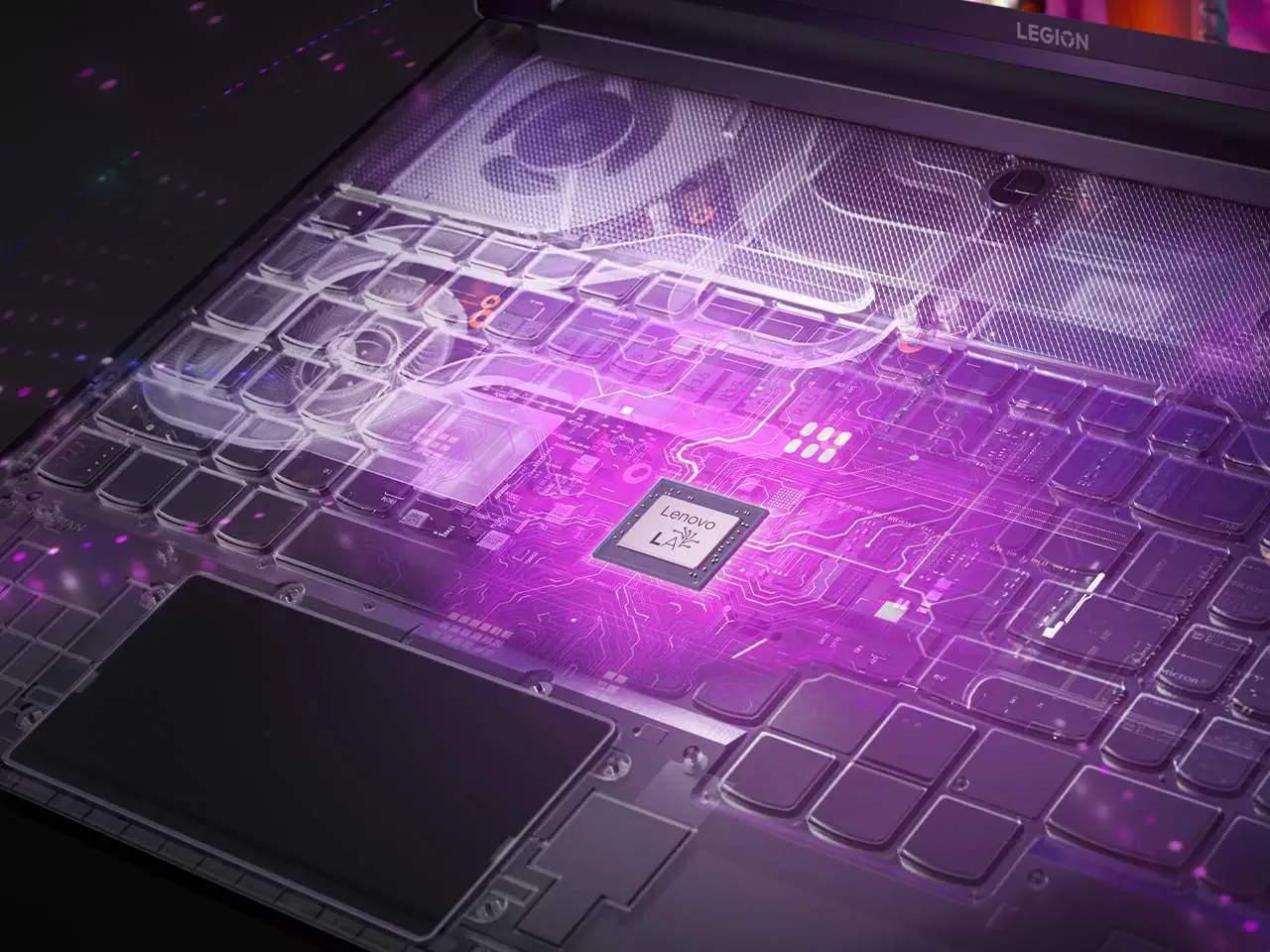 Dizüstü bilgisayarın içinde AI LA2 çekirdeğinin grafiksel bir tasvirinin yer aldığı Legion 9i (16″ Intel)