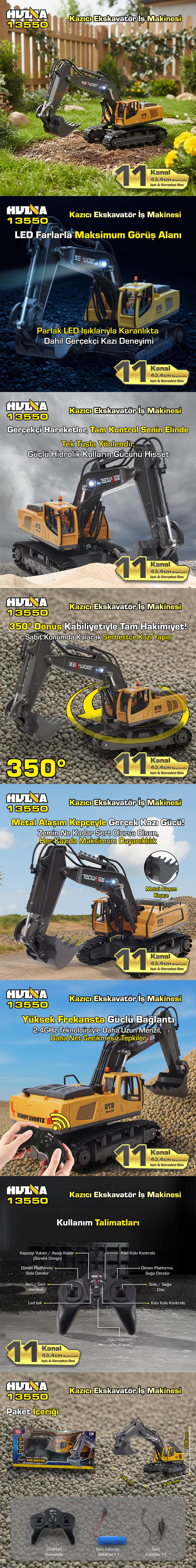 HUINA Kaliwo 13550 1/18 11CH Kazıcı Ekskavatör İş Makinesi İnşaat Uzaktan Kumandalı RC Model Metal Kepçeli Sarı - 2.4Ghz Gerçekçi Similasyon Ses ve Işık Sistemi
