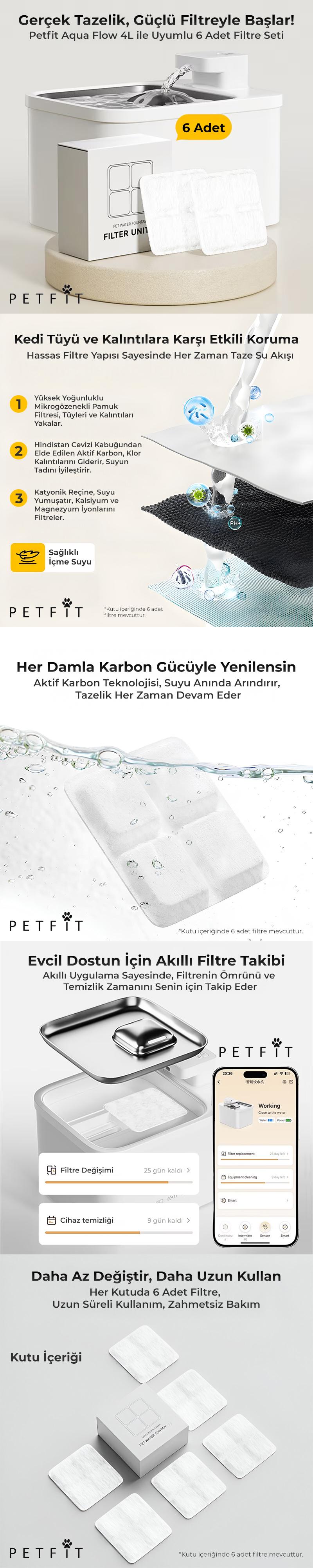Petfit Aqua Flow 4L Akıllı Otomatik Kedi Köpek Su Pınarı Su Çeşmesi Su Şelalesi İçin Filtre (6 Adet)