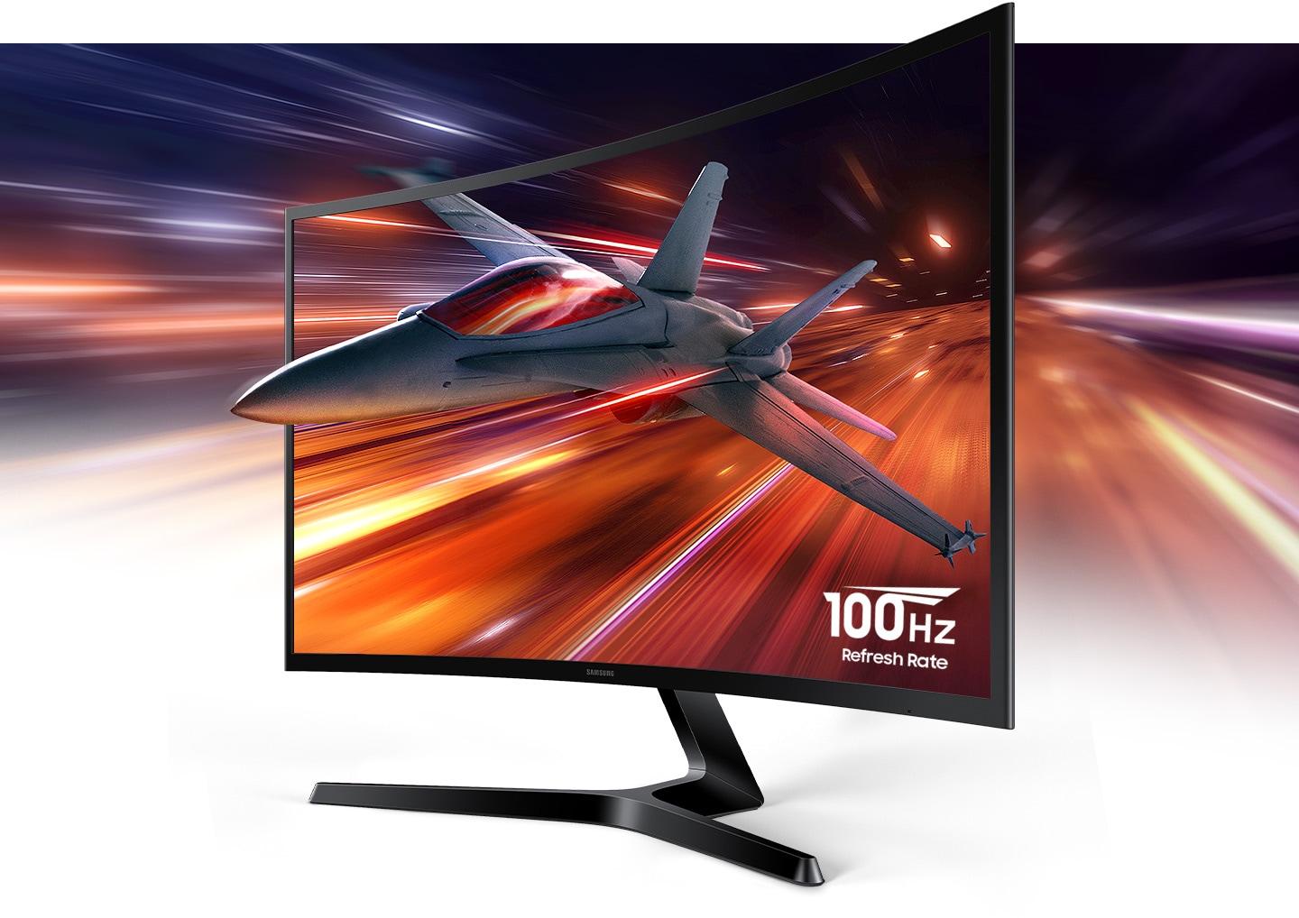 Monitör ekranında uçan bir jet var ve 100 Hz yenileme hızı görüntüleniyor.