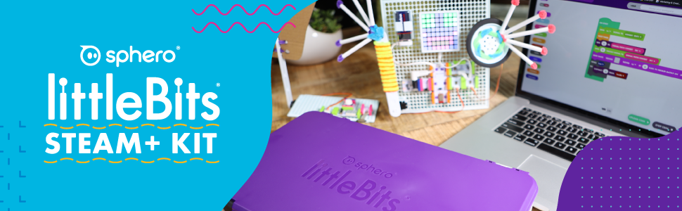 LittleBits STEM icadı, blok kodlu ve littleBits STEAM+ kiti logosu yerleştirilmiş bir dizüstü bilgisayarın yanında.