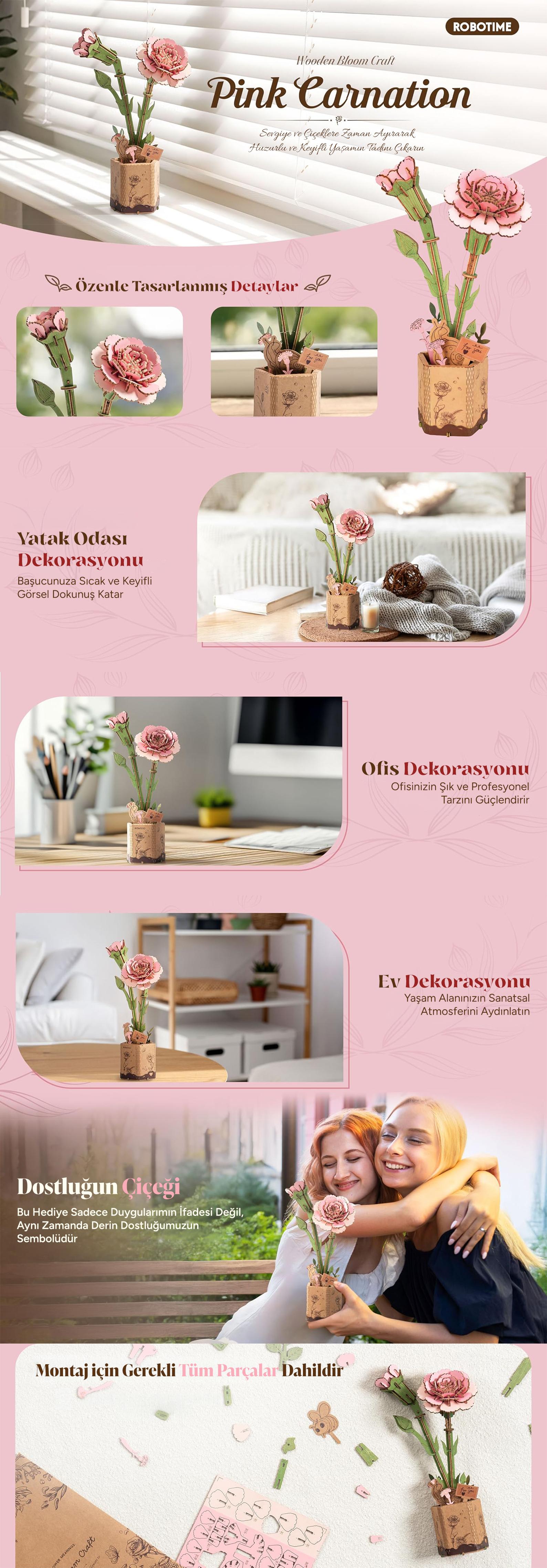 Rowood TW051 Pink Carnation 3D Wooden Puzzle