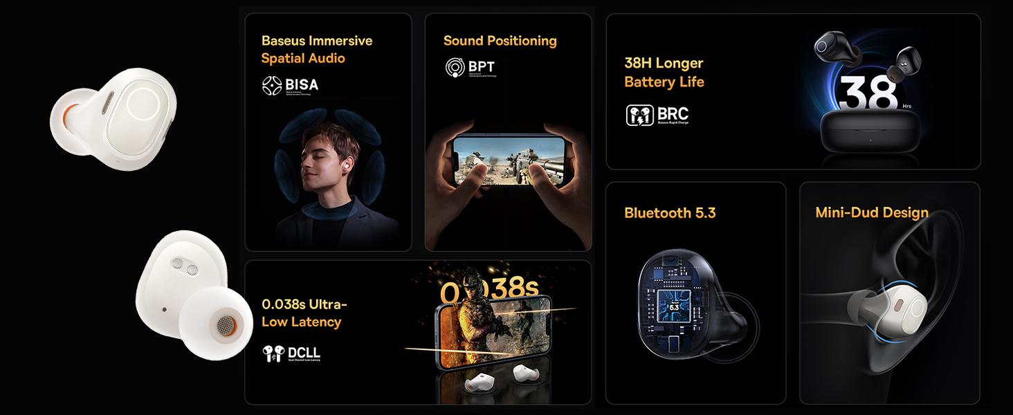 Baseus Bowie WM03 True Wireless Earphones - 38H Playtime, Bluetooth 5.3, Ultra-Low Latency, Fast Charging Case, Immersive Audio - White