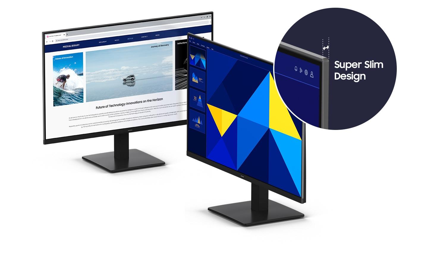İki Essential Monitör S3 görünüyor. İkisinin de süper ince tasarımı vurgulanıyor.