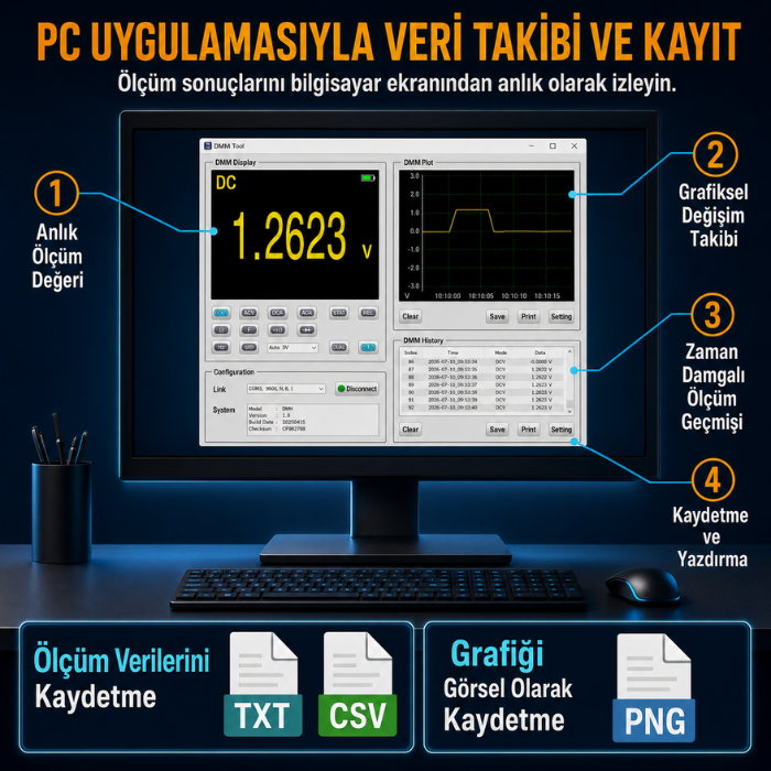 Victor 8045 PC uygulamasında ölçüm takibi ve TXT/CSV kaydı
