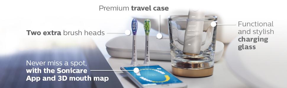 iki ekstra fırça başlığı premium seyahat çantası şarj camı sonicare uygulaması
