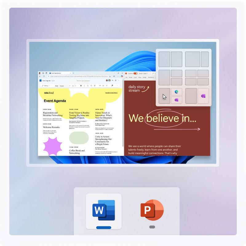 Açık mor geçişli bir arka planda sağ üstte Tutturma Yardımı ızgarası ile bir bilgisayar ekranında açık duran bir Word belgesi ve PowerPoint dosyası ile alt tarafta büyütülmüş Word ve PowerPoint simgeleri