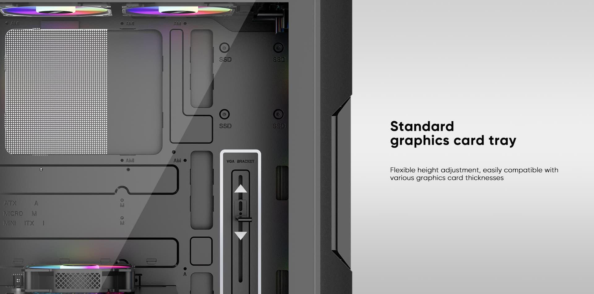 Custom gaming PC case with adjustable graphics card tray and cooling system.