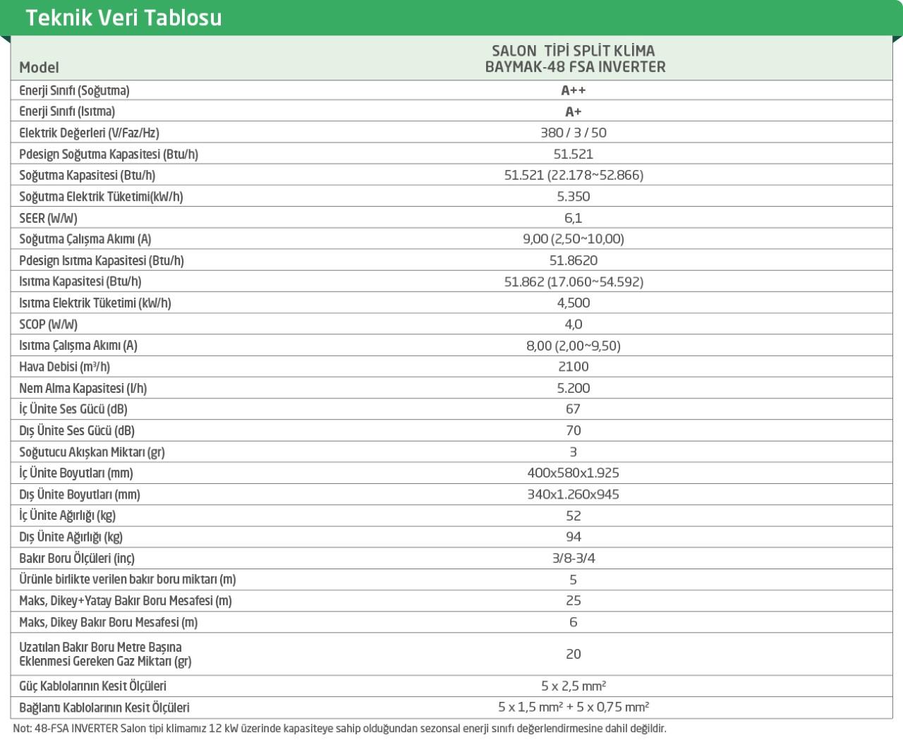 BAYMAK - 48 FSA INVERTER SALON TİPİ SPLİT KLİMA TEKNİK ÖZELLİKLERİ