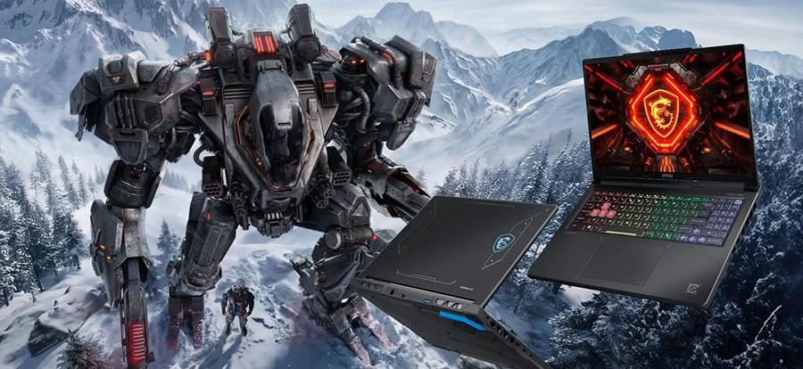 Güçlü robot ve MSI oyun laptopu, karla kaplı dağlar ve buzullar arasında, yüksek çözünürlüklü ekran ve gelişmiş soğutma sistemiyle oyun deneyimini artırıyor.