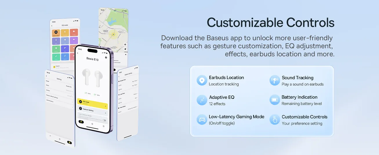 Baseus Bowie E13 True Wireless Earbuds with 12mm Diaphragm, 30H Battery, Low Latency 0.06s, BT 5.3, App Control – For Music, Gaming & Calls