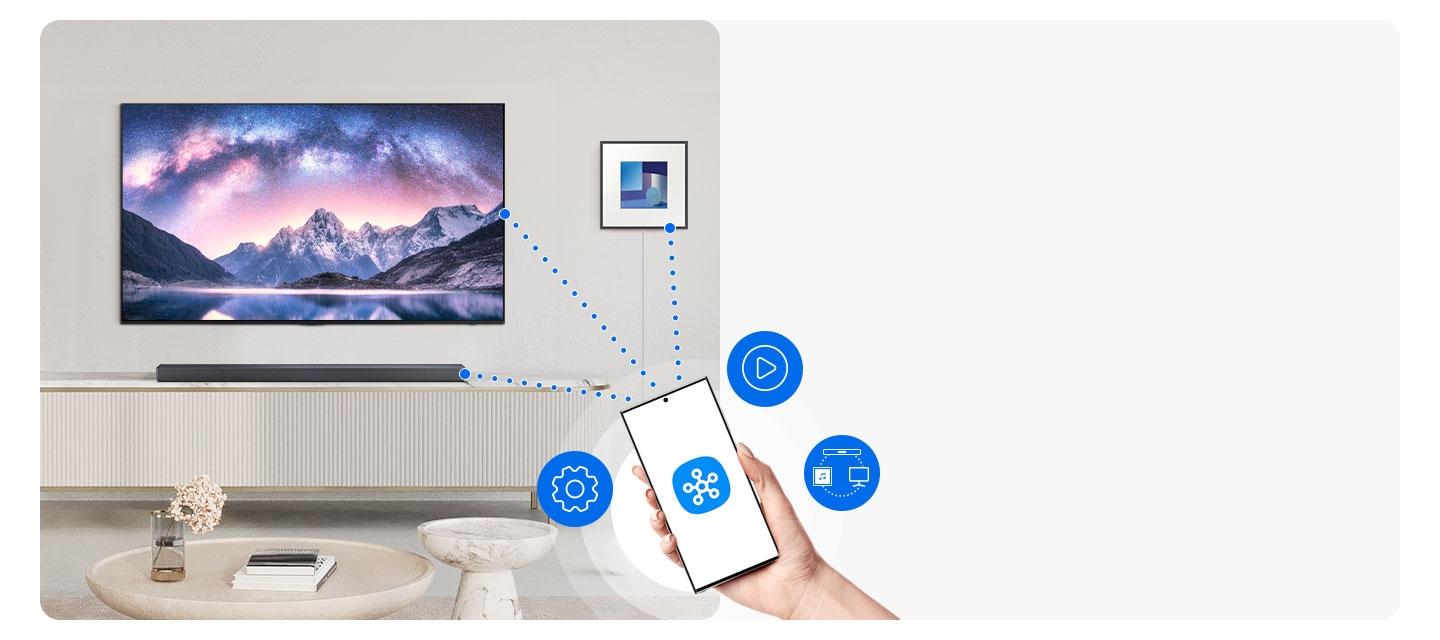 A phone has a SmartThings logo on screen. UI icons hover nearby. Dotted lines connect the phone to a TV and sound devices.