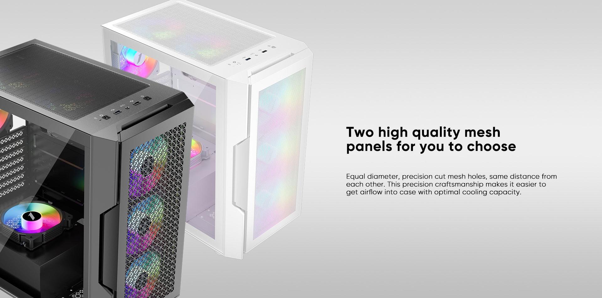 Mesh PC cases with high airflow and cooling capacity for gaming and professional use.