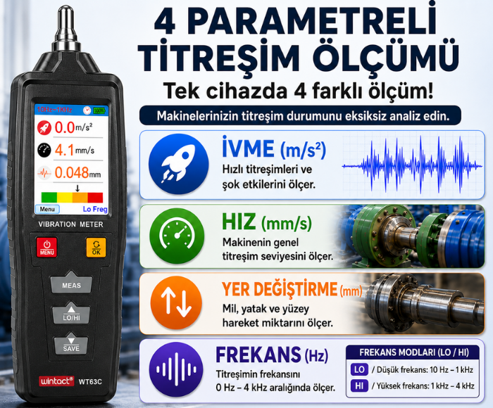 WT63C Vibrasyon Titreşim Ölçer 4 Parametreli Ölçüm