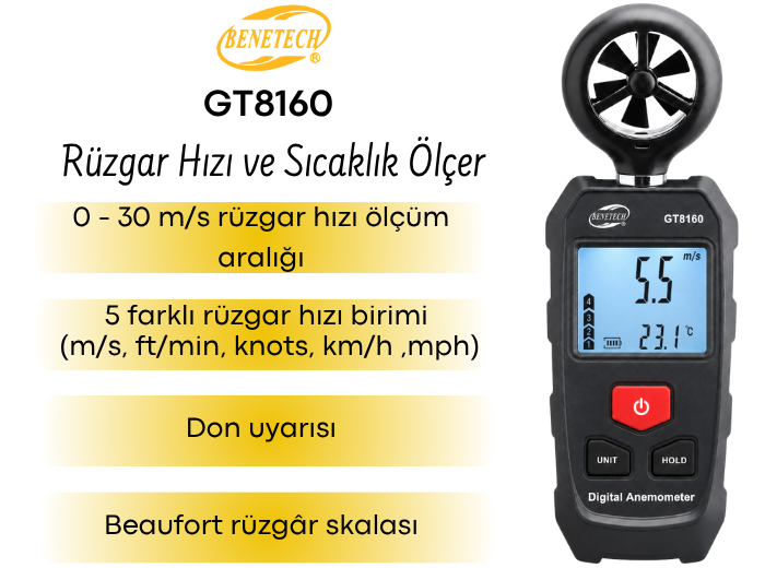 Benetech GT8160 Mini Anemometre Rüzgar Hızı Ölçer Özellikleri