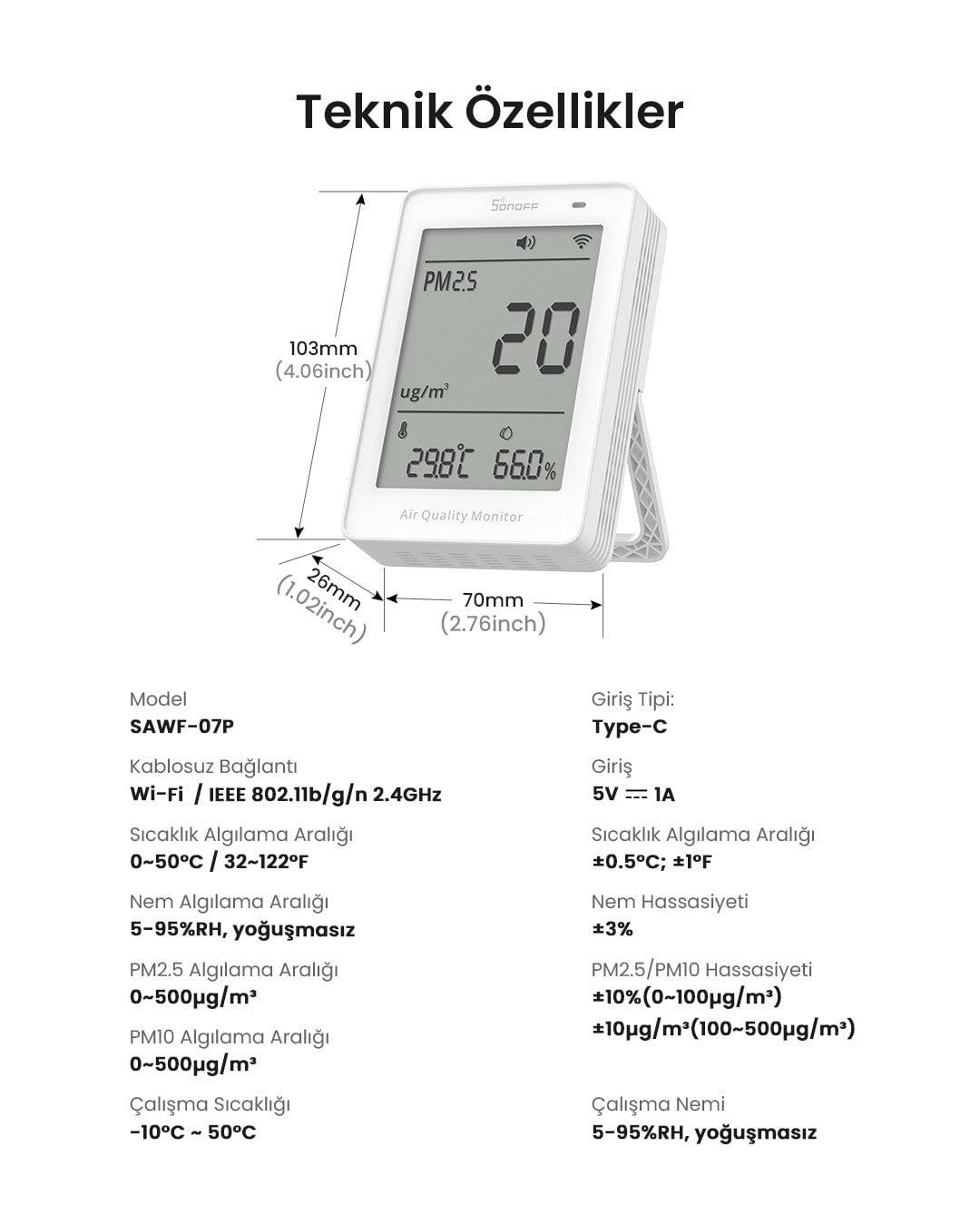 SONOFF AirGuard PM2.5/PM10 Matter Akıllı Hava Kalitesi Ölçüm Cihazı | SAWF-07P