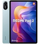 Metin "REDMI Pad 2" yazılır. Arka tarafta çift kamera sistemine sahip açık mavi tablet, renkli soyut duvar kağıdı gösterir.