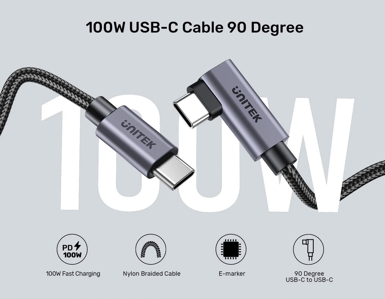 Unitek Type-C to Type-C (100W) 3Mt 90° Açı Hızlı Şarj Kablosu C14123BK-3M