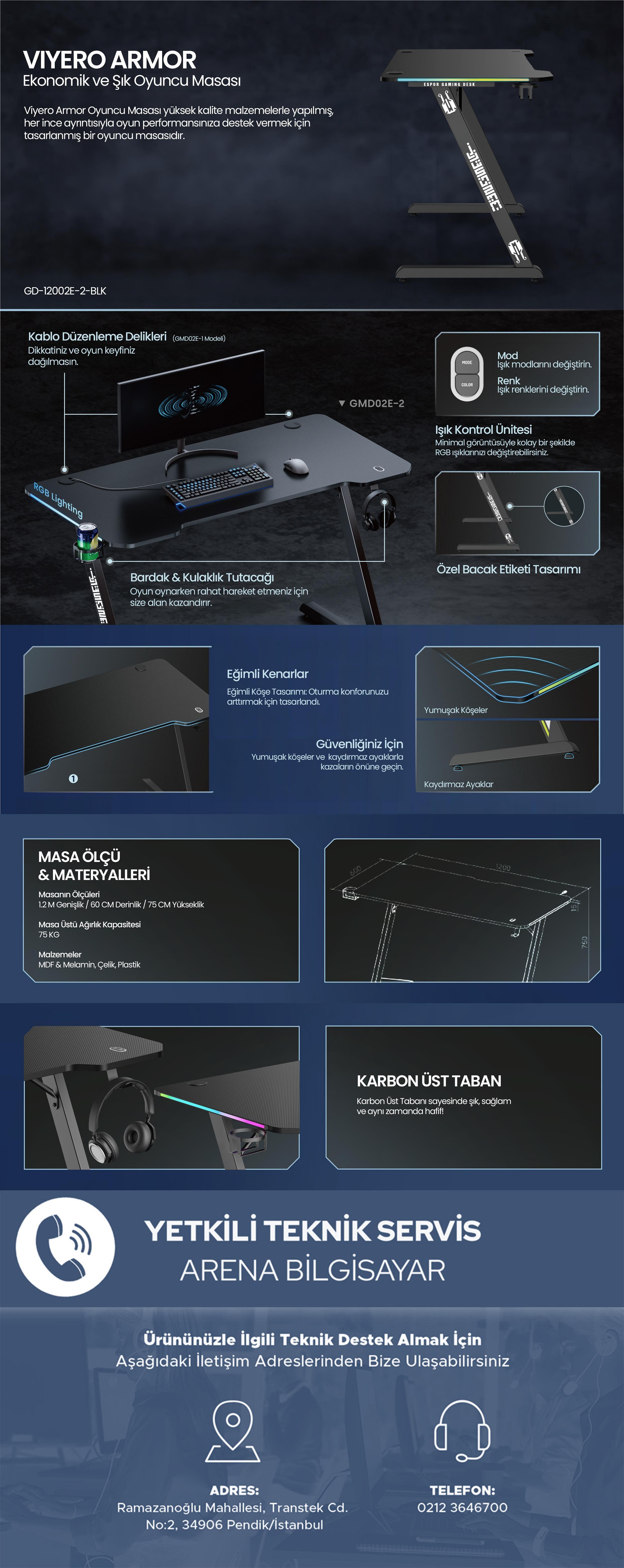 Viyero Armor GD-12002E-2-BLK Oyuncu Masası – RGB Aydınlatmalı, Kablo Düzenlemeli, Karbon Üst Tabanlı