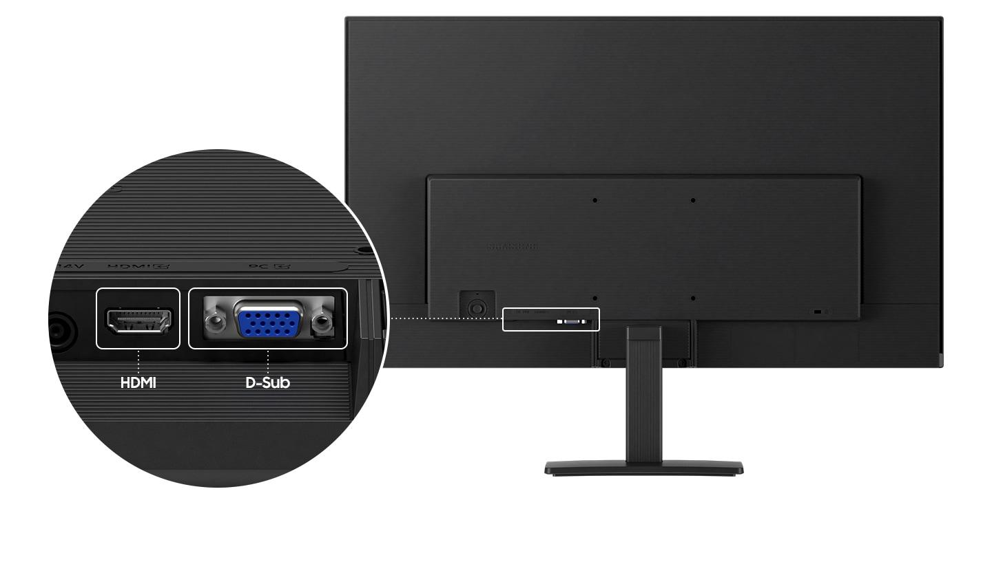 Monitörün arkası görünüyor ve bağlantı noktaları yakından gösteriliyor. HDMI ve D-sub bağlantı noktaları mevcut.