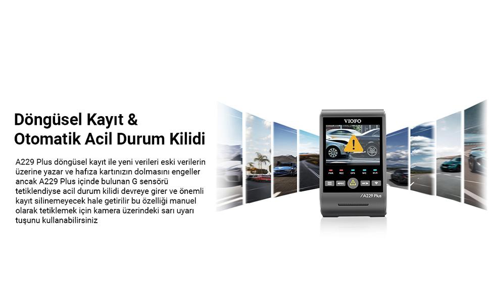 Viofo araç kamerası, döngüsel kayıt, darbe sensörü, A229 Plus, araç