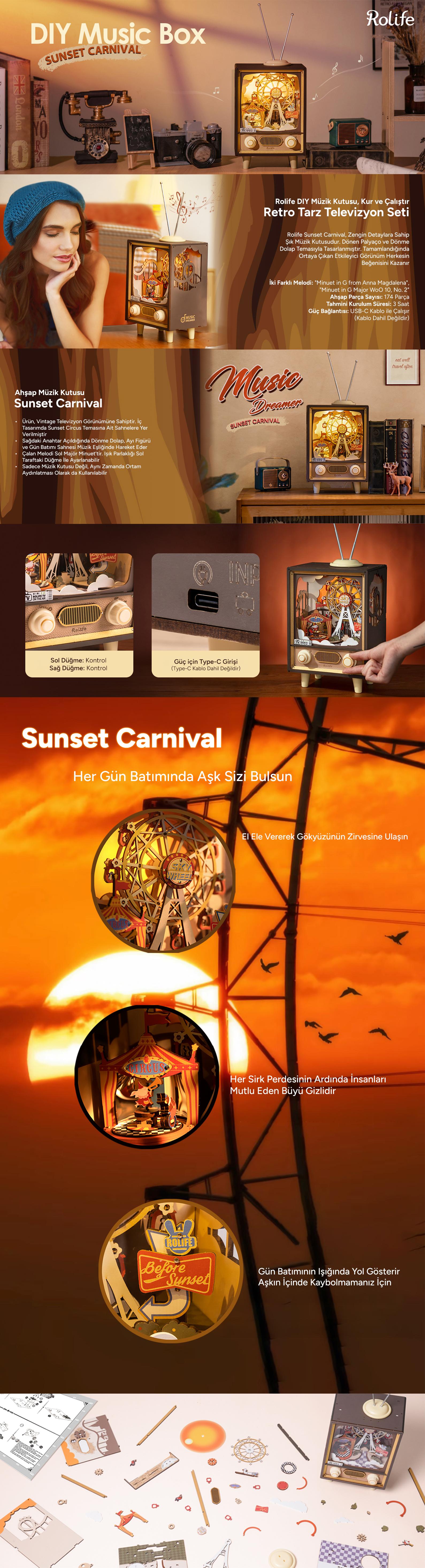 Rolife AMT01 Dönme Dolaplı Müzik Kutusu (Sunset Carnival) DIY Minyatür Maket Model Seti Ahşap 3D Wooden Puzzle 3D Model Kit Detaylı Dekoratif Hobi Seti Ahşap Maket