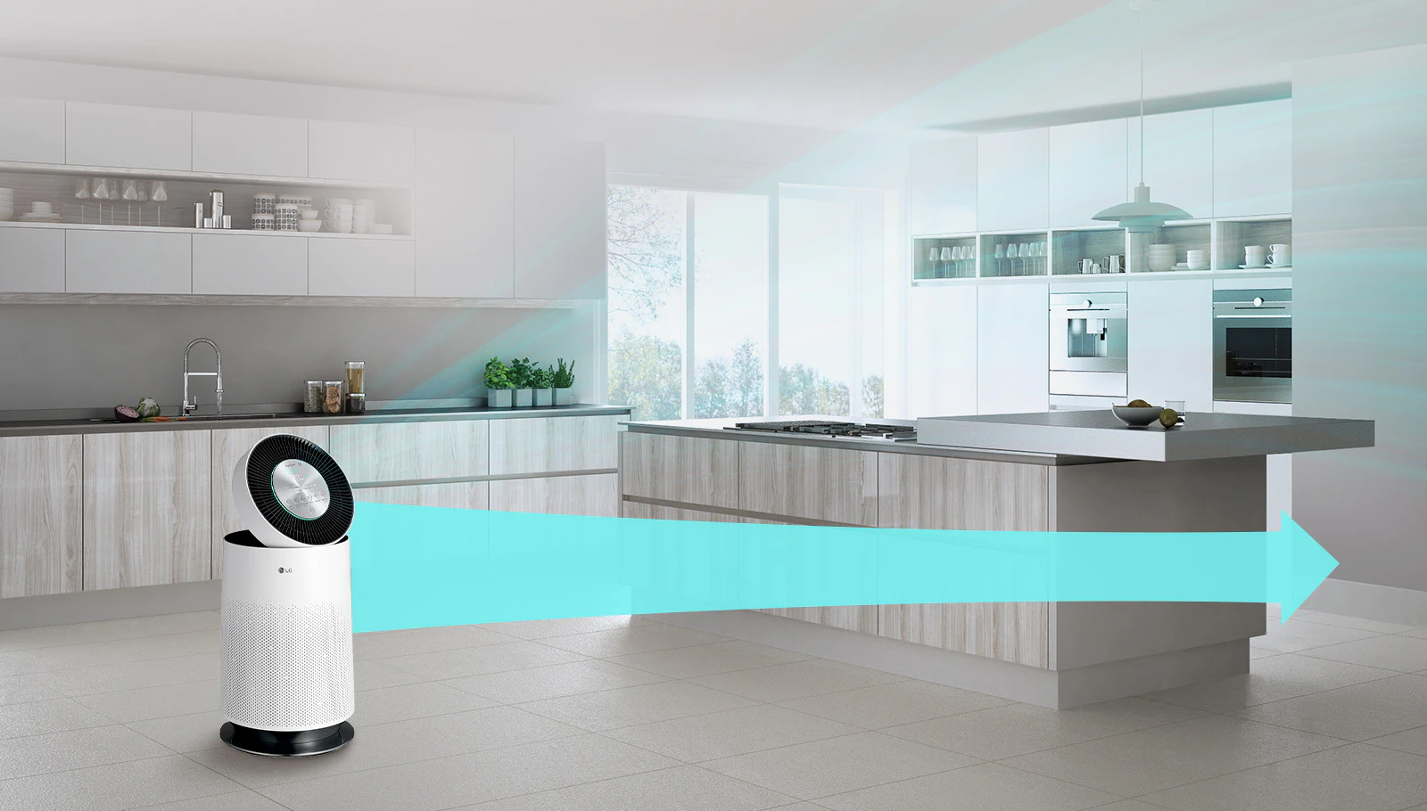 Hava arıtma cihazı mutfakta ekranın sol tarafında duruyor. Cihazdan temiz hava çıkar ve diğer cihazlara göre 7,5 metreye mesafeye %24 daha hızlı ulaşır.