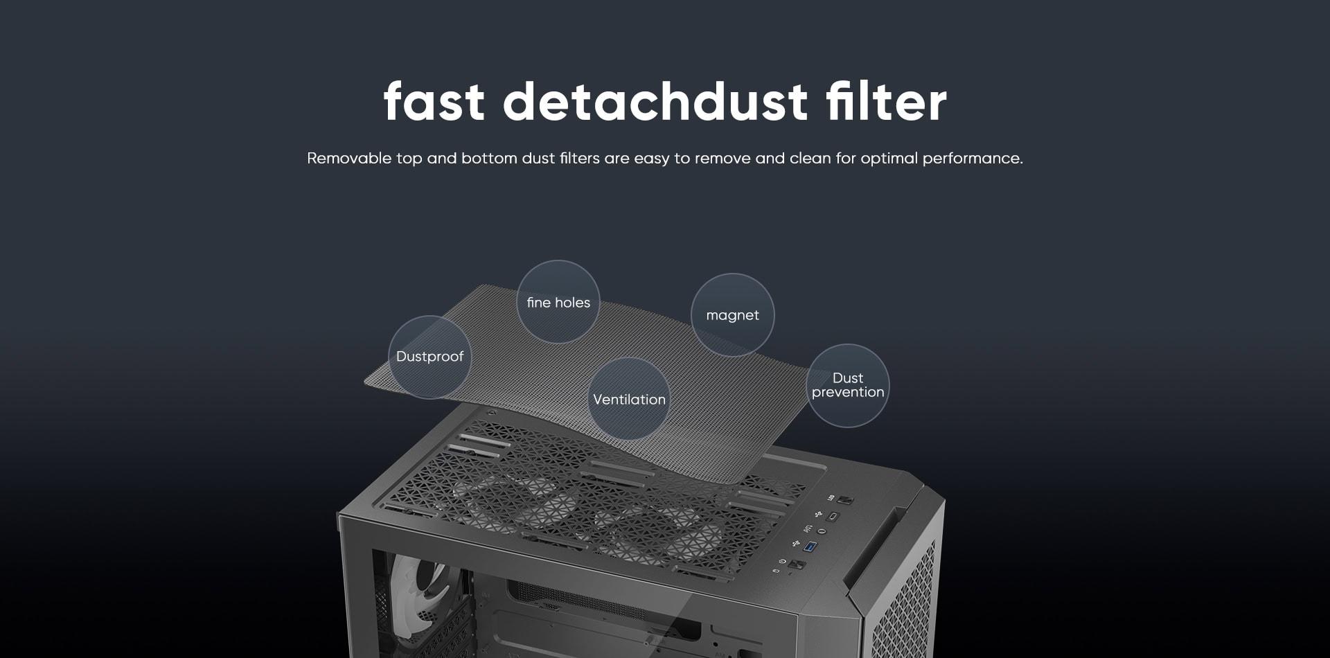 Removable top filter with fine holes for dust prevention and easy cleaning. Enhances airflow and mai.