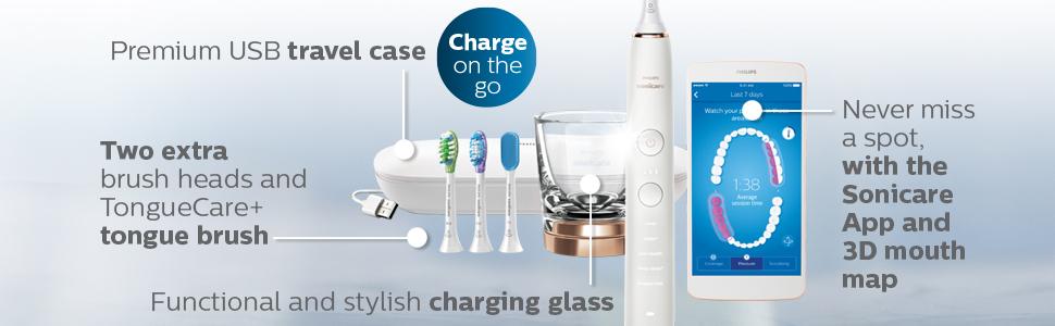 iki ekstra fırça başlığı premium usb seyahat çantası şarj camı sonicare uygulaması