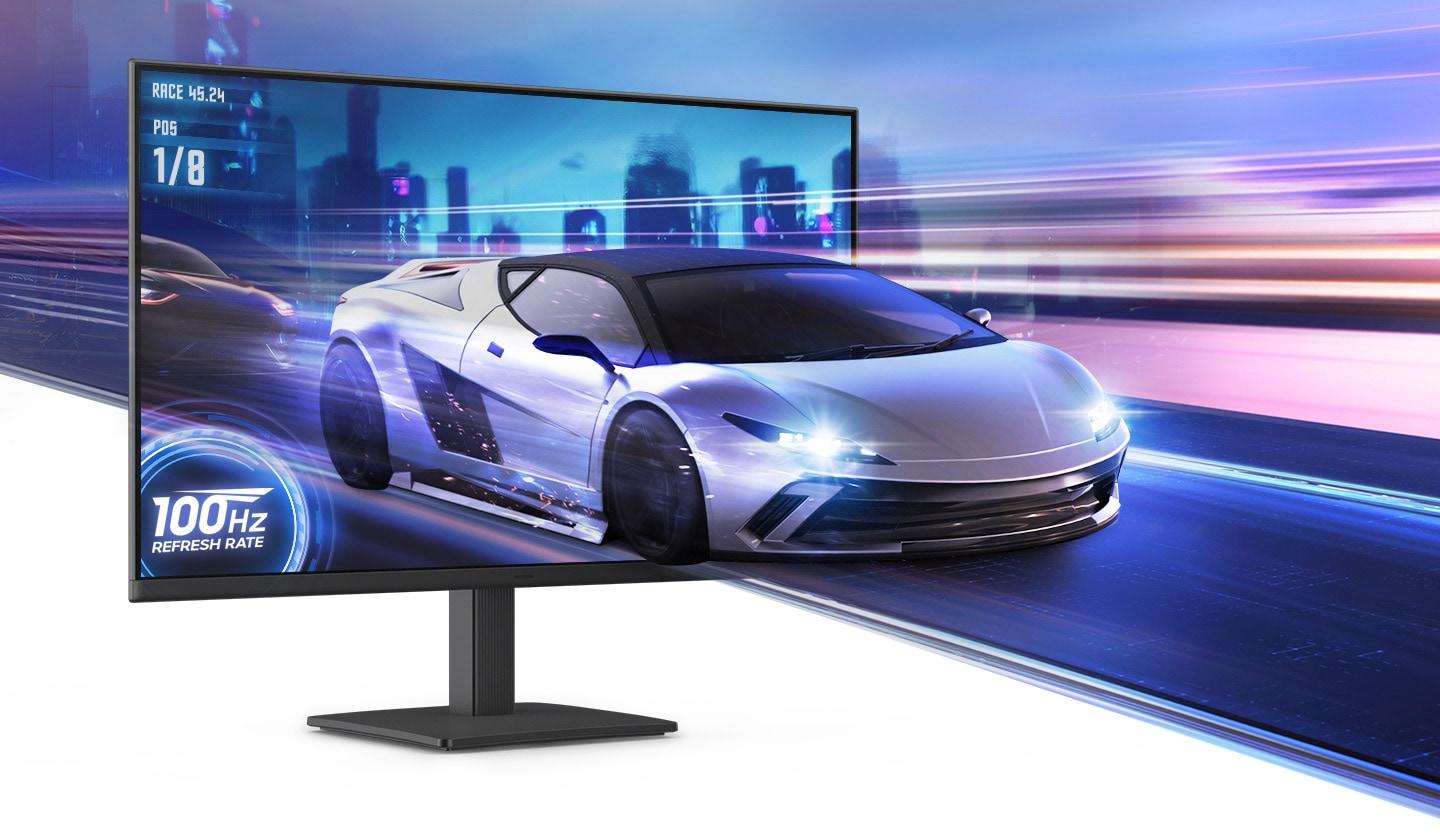 Monitörün üzerinde, 100 Hz yenileme hızını temsil eden bir yarış arabası yer alıyor.