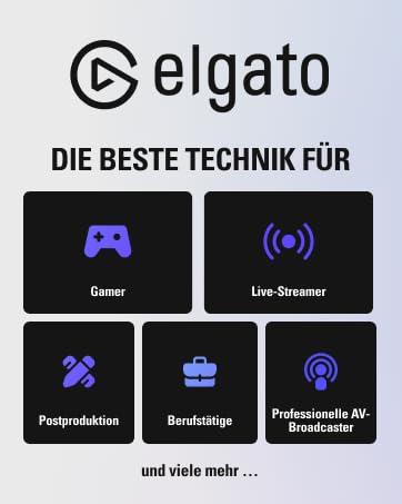 Metin "Die Beste TECHNIK FOR R" ve "elgato". Oyuncular, canlı yayıncılar, post prodüksiyonlar, profesyoneller ve profesyonel AV için sembollü arayüz ekranı. Ek metin 've çok daha fazlası... '