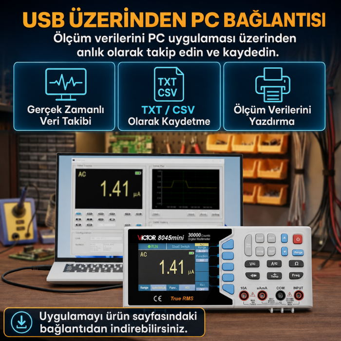 Victor 8045 USB PC bağlantısıyla gerçek zamanlı veri takibi ve kayıt