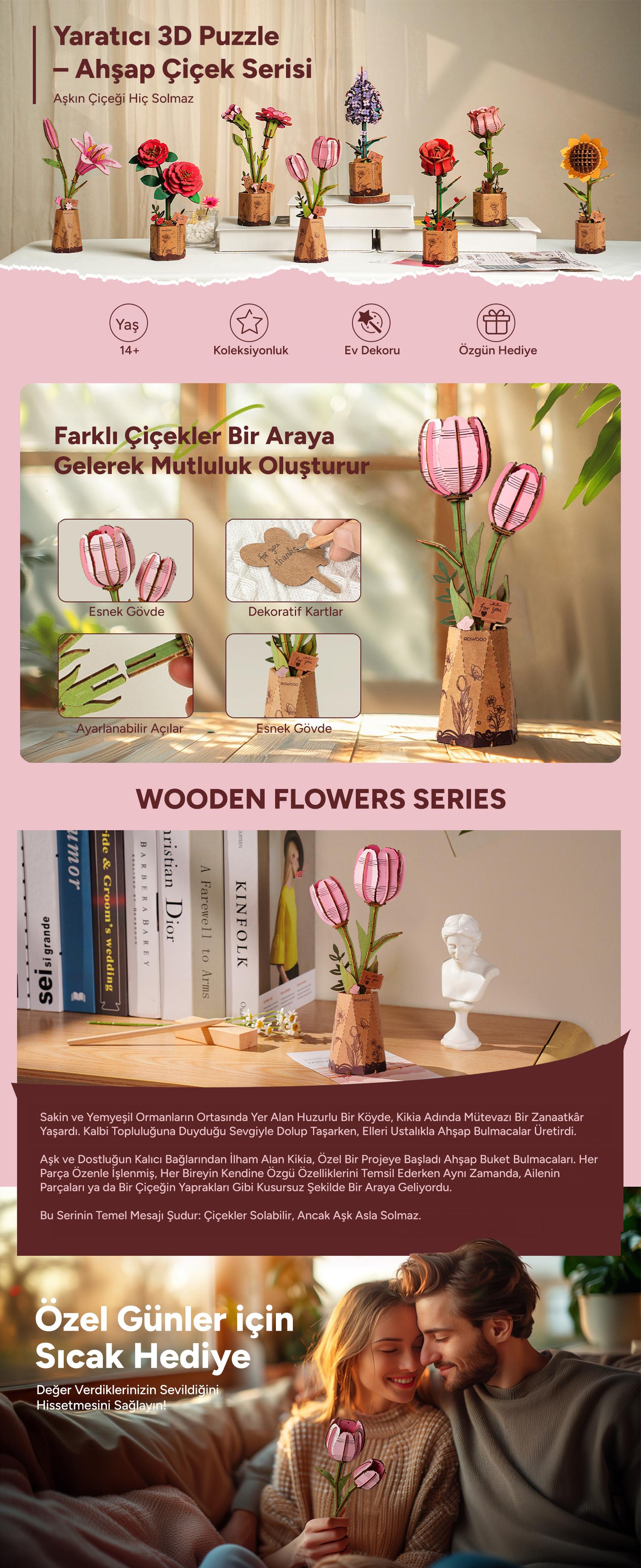 Rowood TW082 Pink Tulip 3D Wooden Puzzle
