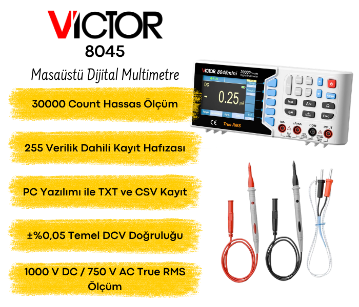 Victor 8045 masaüstü dijital multimetre ve ölçüm probları